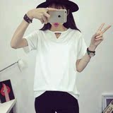 2016夏装新款韩版学生宽松打底上衣镂空小V领纯色短袖T恤衫女衣服