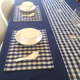 地中海餐桌餐垫 蓝色格子桌布双层餐杯垫布艺 桌旗定制