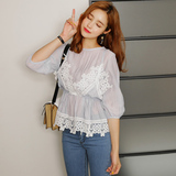 韩版2016夏季女装 甜美可爱蕾丝花边短款衬衫吊带防晒T恤假两件套