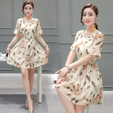 2016新款韩国显瘦女士裙子夏季中长款大码遮肚子雪纺印花连衣裙潮