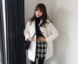 2015韩国代购Mocobling冬季新款韩版纯色长袖加厚女毛呢风衣外套