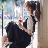 2016夏季蕾丝背带连衣裙韩版钩花镂空短袖两件套纯色百褶群