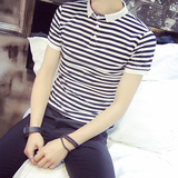 夏季男士短袖T恤修身韩版立领条纹POLO衫日系体恤潮流休闲打底衫