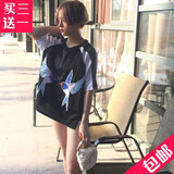 2016夏装新款韩版vintage古着重工双鸟刺绣拼接宽松半袖短袖T恤女