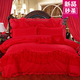 婚庆四件套大红蕾丝床单被套4 六八十床品 纯棉结婚床上用品粉色