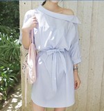 2016韩国夏季新款韩版性感露肩个性斜肩系带条纹衬衫裙连衣裙女装