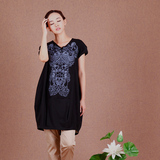 黛英夏季新款中年女装印花民族风中长款短袖T恤小衫SAD2163