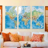 超大世界地图挂画中国地图画办公室装饰画三联无框创意壁画中英文
