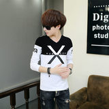 韩版长袖T恤男学生修身青少年男士春装V领打底衫青年衣服春季体恤