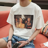 港仔夏季新款韩国男士短袖T恤韩版休闲时尚简约烫画体恤衫文艺潮