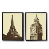 巴黎铁塔钟楼海报有框画 复古书房客厅墙画 酒吧咖啡厅装饰挂画