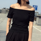 韩版2016夏季女装新款薄款螺纹纯色性感锁骨一字领弹力T恤打底衫