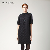 AIKERL品牌女装专柜正品 圆领短袖压褶高端时尚连衣裙短裙短款