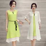 棉麻连衣裙两件套2016春夏季新款长袖韩版时尚潮修身长裙套装女装