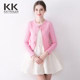 KK春装新款女装2016 小香风圆领钻扣 纯粉色修身毛衣针织短款开衫