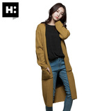 H:CONNECT韩版时尚女装中长款V领针织开衫纯色毛衣外套2016春新款