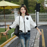 2015秋季新款韩版女时尚无领子短款七分袖太空棉棒球服外套夹克衫