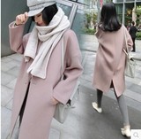 2016韩国春装廓型毛呢外套女宽松茧型中长款驼粉色羊毛呢子大衣潮