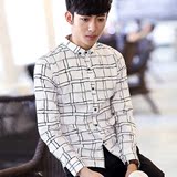 休闲格子衬衫男士夏季常规青年学生长袖衬衣韩版修身纯棉免烫寸衫