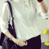 2015韩范秋款长袖中学生女白衬衫秋季新款加厚棉麻中长款衬衣 女