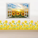 田园风景创意假窗墙贴纸装饰客厅卧室3D立体窗户贴画向日葵太阳花