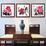 新中式牡丹花鸟国画装饰画客厅现代有框画花开富贵三联画挂画壁画
