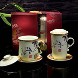 高档景德镇陶瓷茶杯套装4件套瓷器水杯过滤宫廷花鸟盖杯办公礼品