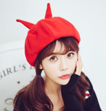 韩国秋冬季保暖新款可爱猫耳朵八角帽毛呢南瓜帽子女韩版潮贝雷帽