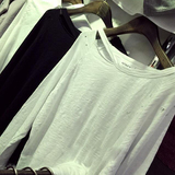 2016春季新款韩版宽松棉圆领长袖T恤女学生显瘦学院风黑白打底衫