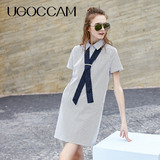 UGOCCAM2016夏季新款女装韩版学院风黑白条纹宽松可爱显瘦连衣裙