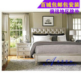 美式实木复古白色床双人纯实木做旧麻布床卧室床地中海欧式布艺床