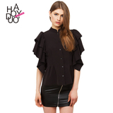 Haoduoyi2016夏新款 复古公主气质荷叶边袖雪纺衫 百搭黑色女衬衫