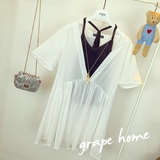 韩版宽松娃娃裙中长款短袖连衣裙中裙子背心两件套装女装夏季白色