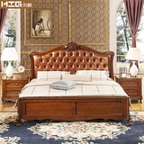 家具美式实木床欧式深色软靠皮床棕色复古双人床1.8米储物高箱床