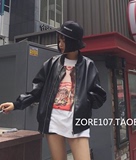 2016韩国vintage古着欧美街头复古黑色仿皮夹克无领棒球服外套女