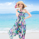 夏季一字领露肩雪纺连衣裙波西米亚海边度假挂脖抹胸沙滩裙短裙女
