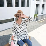 韩国大波点系带衬衫女长袖宽松黑白圆点衬衣2016新款时尚薄款上衣
