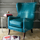 包邮老虎椅美式单人沙发椅欧式蓝色皮艺高背沙发凳真皮沙发椅现货