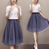 2016夏装新款韩版蕾丝圆领上衣网纱半身裙两件套连衣裙女潮