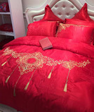 长绒棉婚庆四/六件套 大红色蕾丝结婚床上用品 新婚刺绣床品