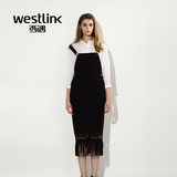 Westlink/西遇2016夏季新款 流苏针织无袖连衣裙黑色可调女背带裙