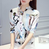 2016韩范春夏装新款女装 OL女士衬衫印花短袖雪纺上衣
