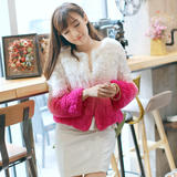 韩版獭兔毛女士皮草外套手工编织短款上衣开衫冬季保暖玫红渐变色