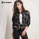 卡玛KAMA 春季新款女装 中长款显瘦时尚宽松格子衬衫潮 7315859