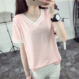 2016夏季新款韩国纯色短袖T恤女宽松学生v领百搭女士上衣打底衫潮