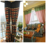 成品价美式乡村红蓝格地中海红绿格客厅卧室飘窗定制格子窗帘成品