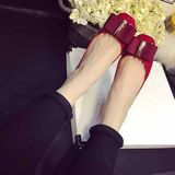 2015秋季韩版漆皮红色 浅口方头平底平跟单鞋 蝴蝶结百搭黑色