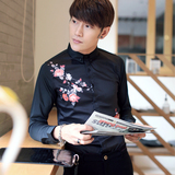2016春季男士长袖加绒衬衫休闲男装韩版时尚修身印花白衬衣潮