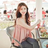 韩国女装 甜美女生夏装 浪漫粉色方领无袖衬衫吊带衫1904