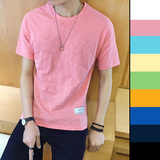 夏季男生纯色圆领短袖T恤青少年韩版潮男修身款纯棉男士衣服体恤